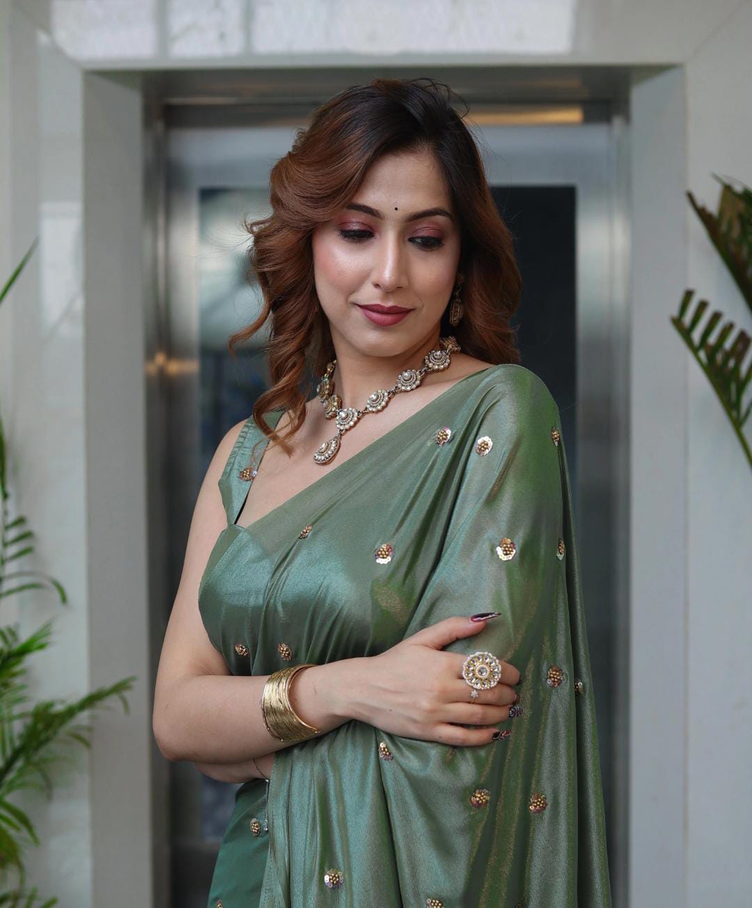 Aari Handwork Shimmer Banarasi Saree Collection