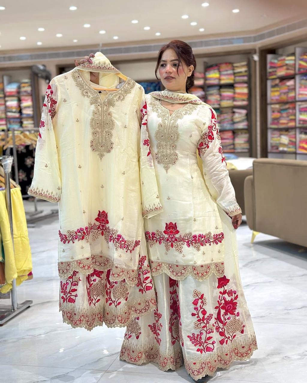 White Festive Embroidered Sharara Suit
