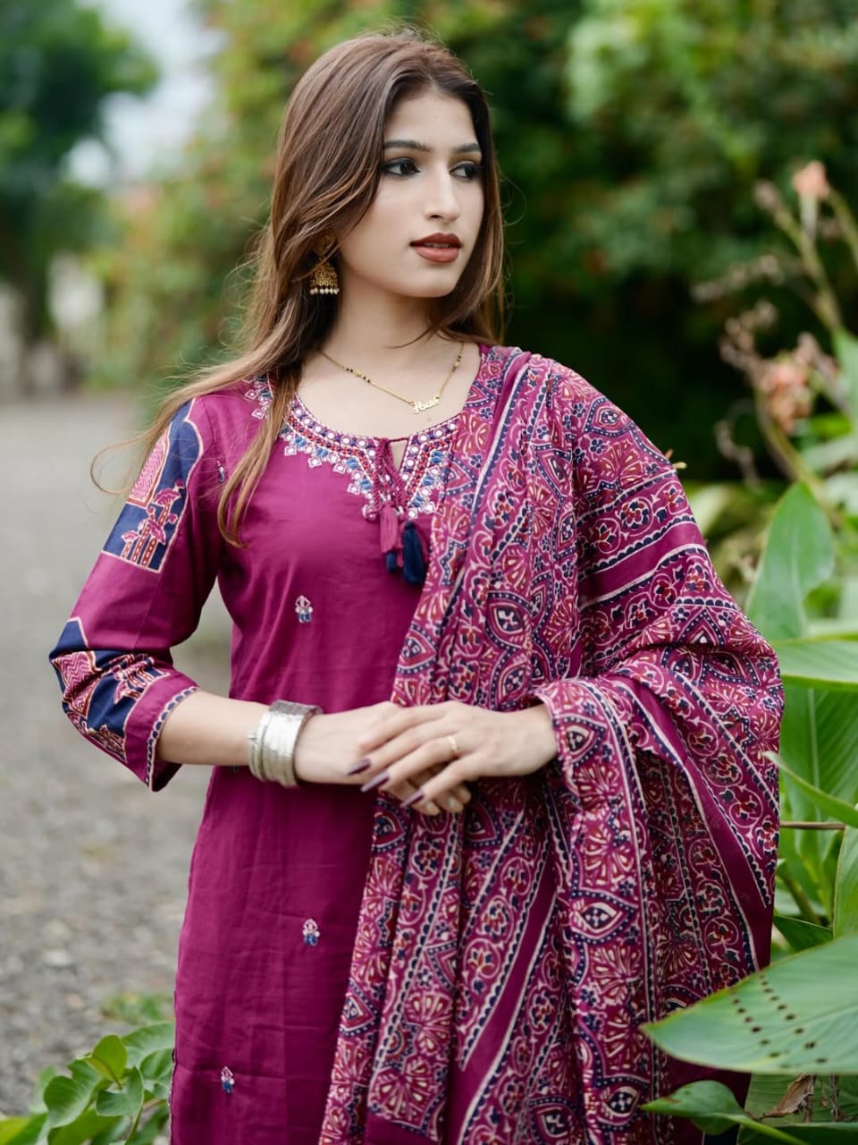 Magenta Printed Kurti Pant Set